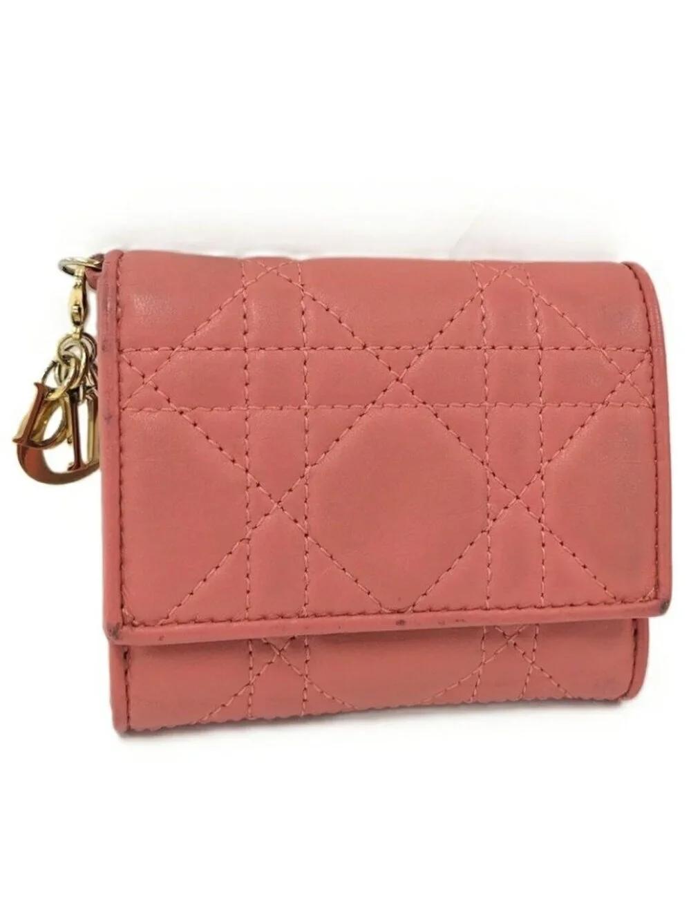 Dior Trifold Wallet Lady Lotus Leather Pink Coral